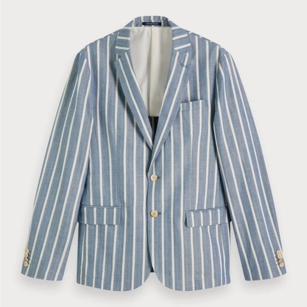 Scotch & Soda Men’s Herringbone Striped Blue Linen Blend Blazer Jacket Size XL